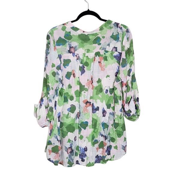 Zac & Rachel Womens Top 2X Floral Watercolor Lightweight Roll Tab Sleeves - Picture 2 of 5